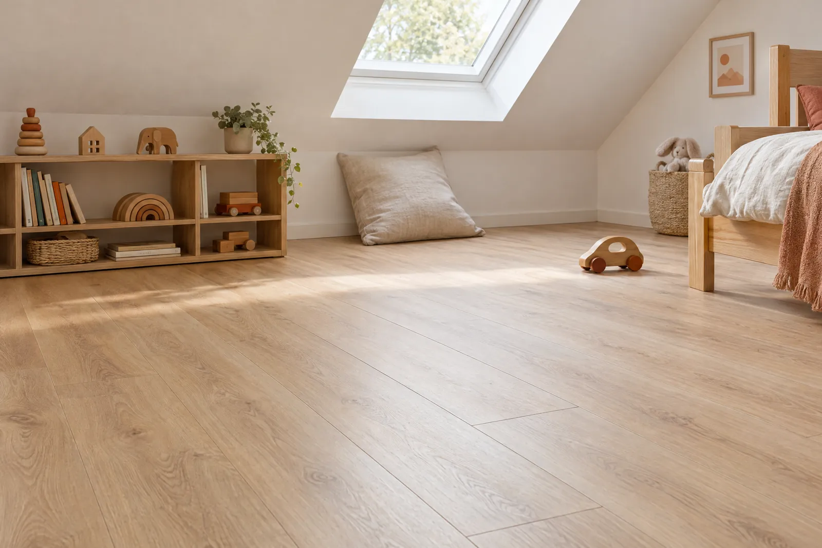 Kinderzimmer unter der Dachschräge mit Laminat in heller Eichenoptik als Gestaltungsidee