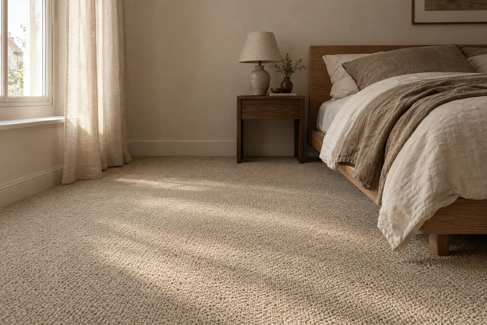 Schlafzimmer mit sandfarbenem Schlingenteppich im Morgenlicht als Gestaltungsidee