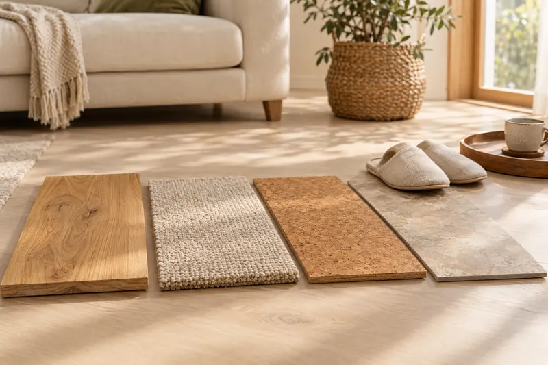 Muster aus Eiche, Wollteppich, Kork und Designboden nebeneinander auf dem Boden