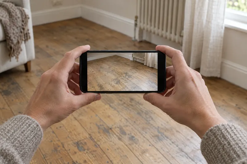 Hände fotografieren einen alten Parkettboden mit dem Smartphone
