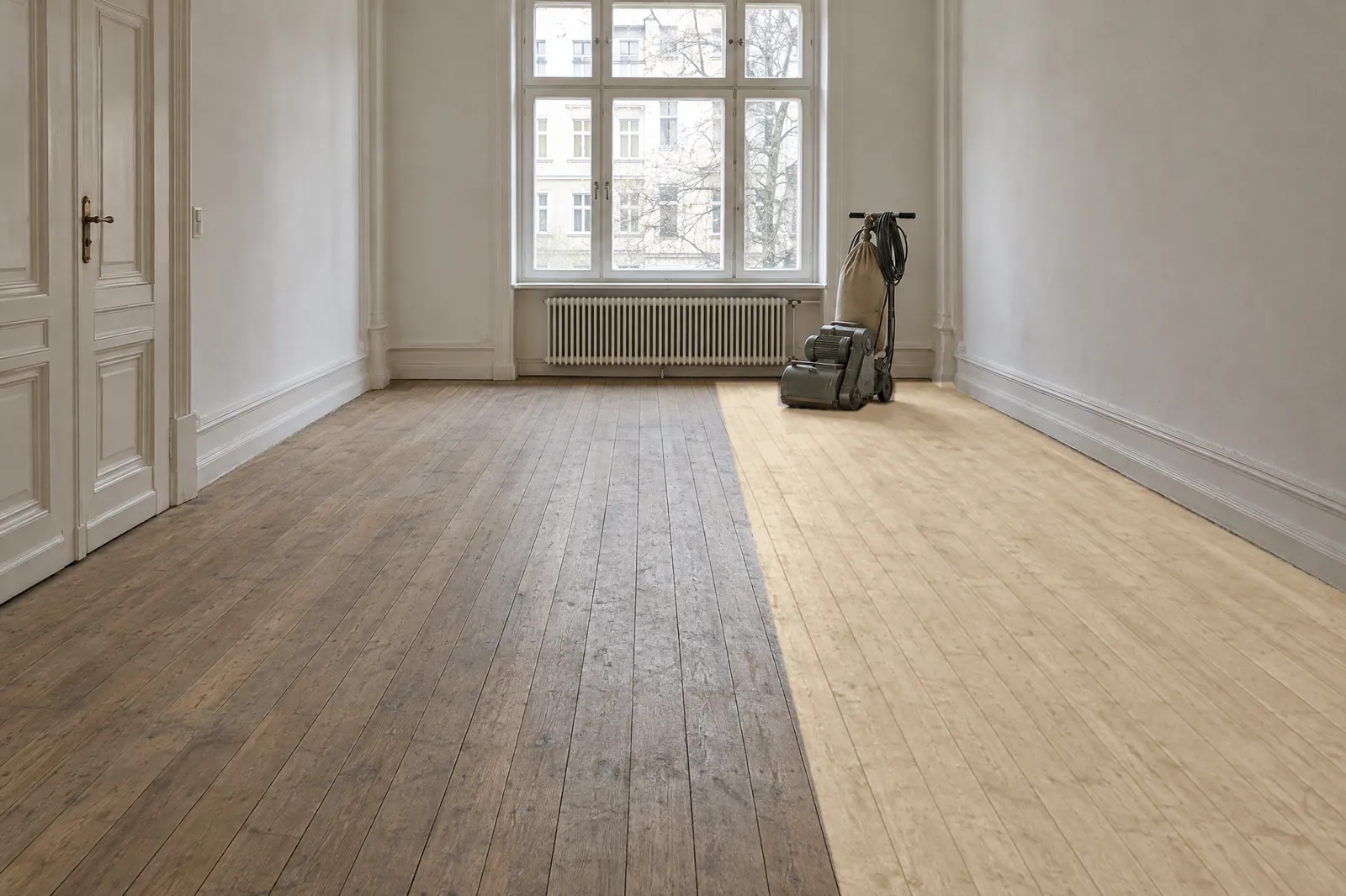Altes Stabparkett im Altbau, rechts bereits abgeschliffen, links noch die vergraute Oberfläche